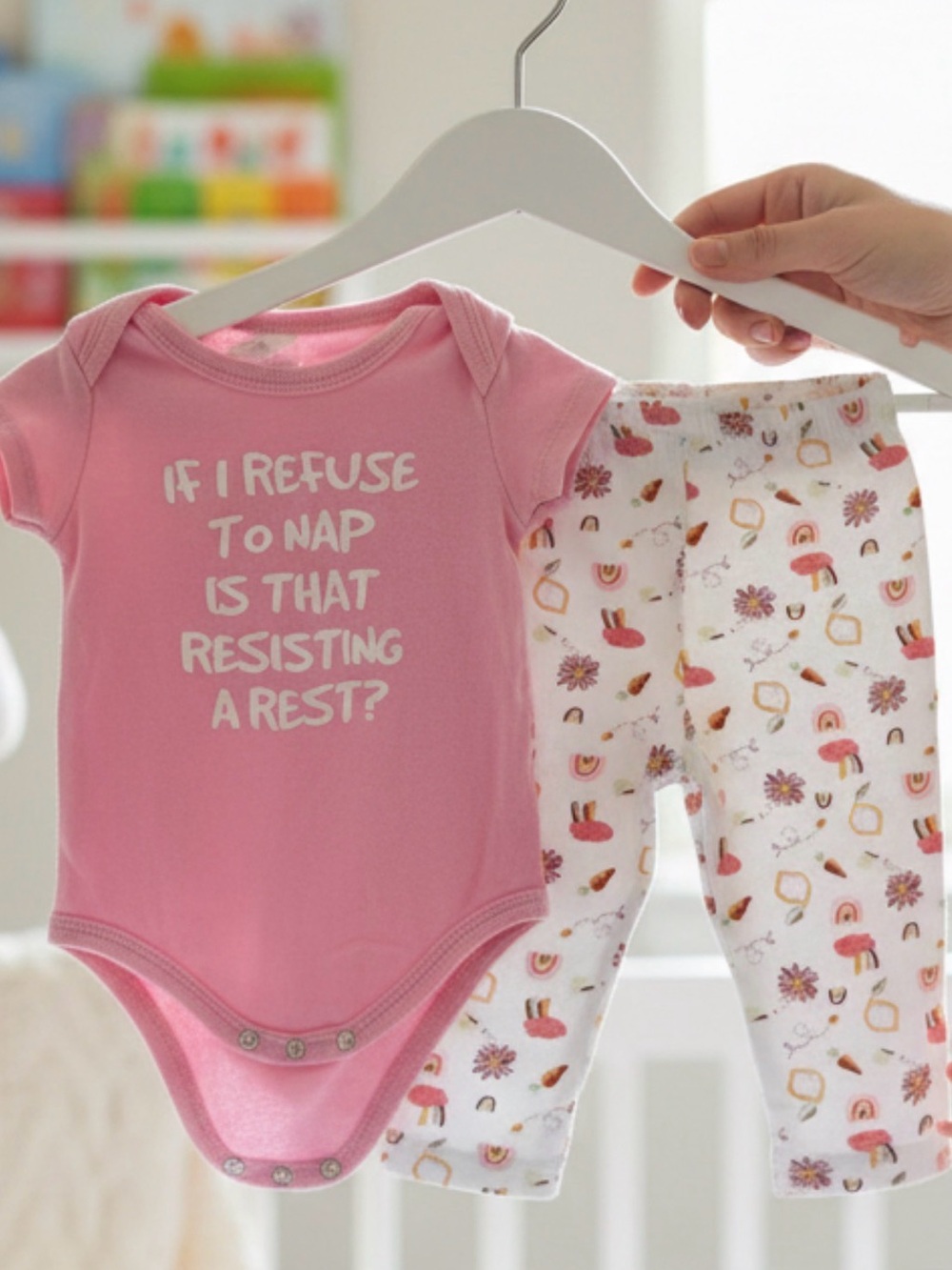 SET: Pink Short-Sleeve Bodysuit + rainbow print ruffle leggings